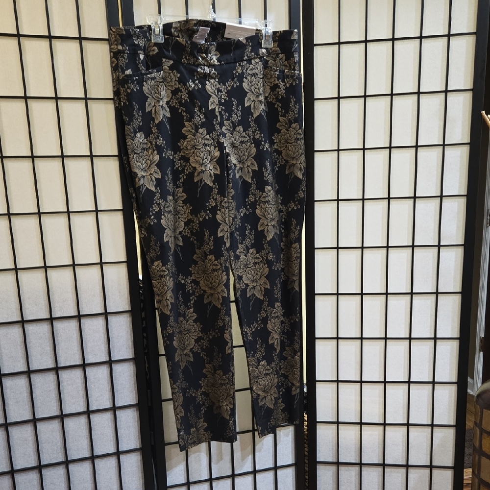 Chico's Black Pants with Gold Floral Print- Slimming -40" length -2 front & back